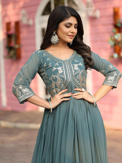 Beautiful Green Sequins Work Georgette Traditional Gown